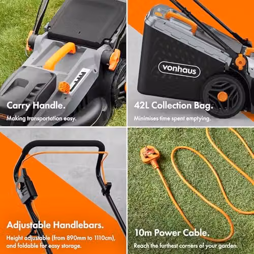 VonHaus 1600W Electric Corded Lawn Mower with 42L Collection Bag and 380mm Working Width in Grey, Black and Orange – 3