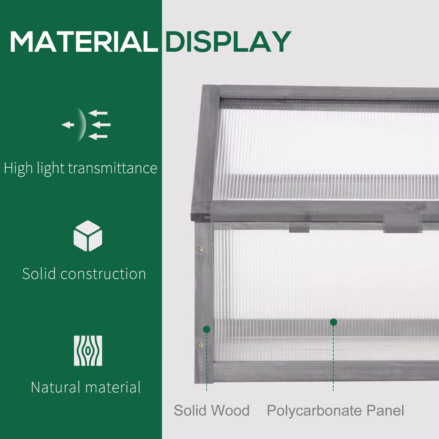 Outsunny Wooden Cold Frame Greenhouse with Openable Top and Polycarbonate Cover, Grey, W/D/H: 90 x 52 x 50 cm – 3