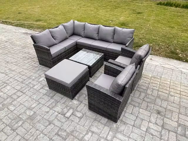 Fimous Rattan Garden Furniture Set in Dark Grey with High Back Corner Sofa, Square Coffee Table, 2 Armchairs and Large Footstool
