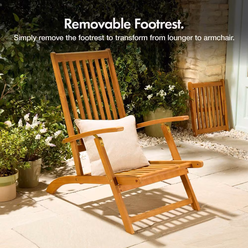 VonHaus Hudson Acacia Wood Folding Garden Sun Lounger with Weatherproof Cushion in Natural Brown – 4