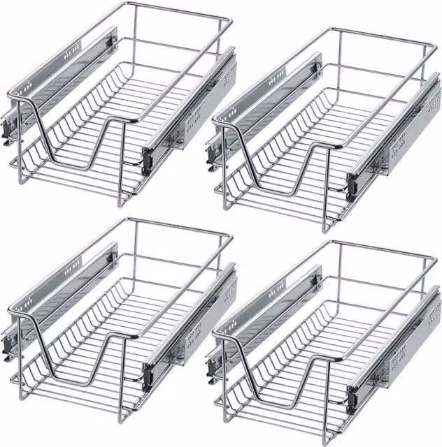 TECTAKE 4 Grey Metal Sliding Wire Baskets with Drawer Slides, 30 cm