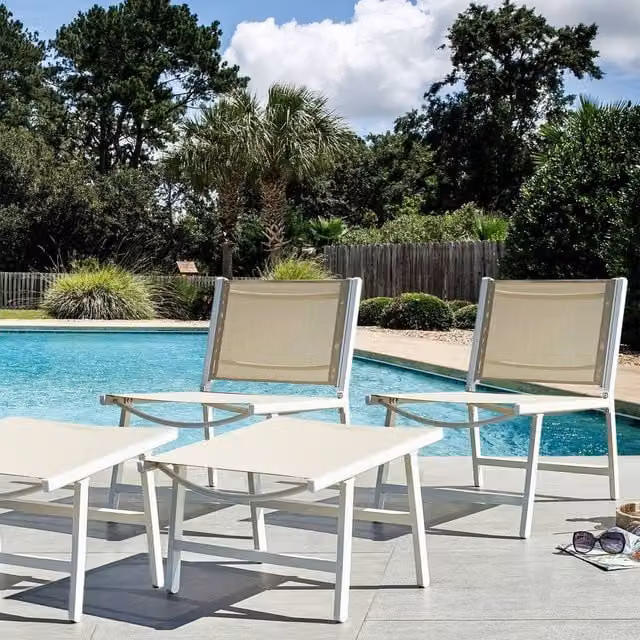 Wyld and Coco Set of 2 Beige Textilene Garden Chairs with Footrests and Aluminium Frame
