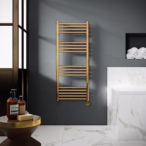 nuie MTY860 Electric Round Straight 17 Bar Towel Radiator, Brushed Brass, W: 500 mm, H: 1200 mm – 2