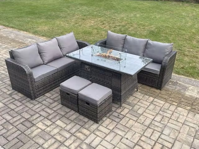 Fimous 8 Seater Rattan Garden Furniture Set with Fire Pit Table in Dark Grey