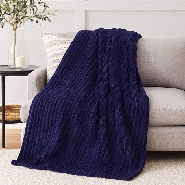 Voltico Luxury Ribbed Polyester Throw in Navy and Grey, W: 150 cm, L: 200 cm – 1