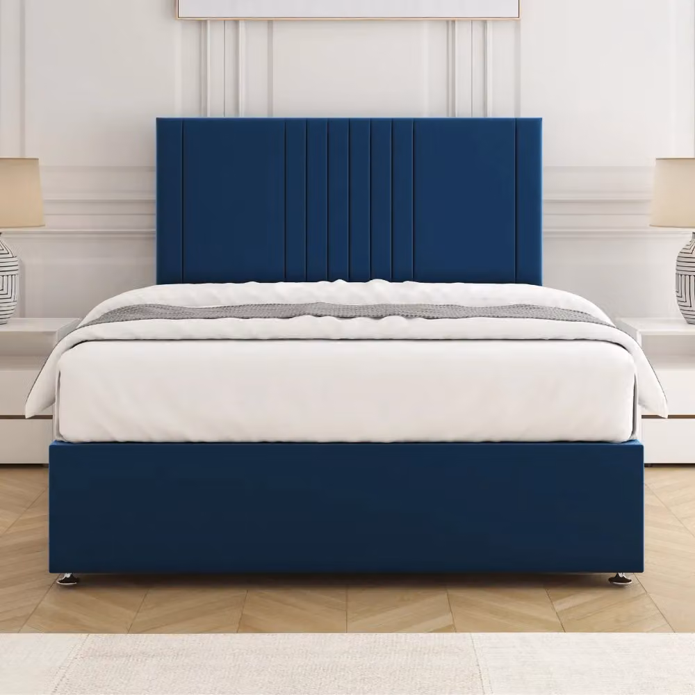 BSSPOKE Monaco Plush Small Double Divan Bed with 24 inch Headboard and 2 Drawers in Blue Velvet Fabric, W/D/H: 120 x 200 x 30.48 cm – 2