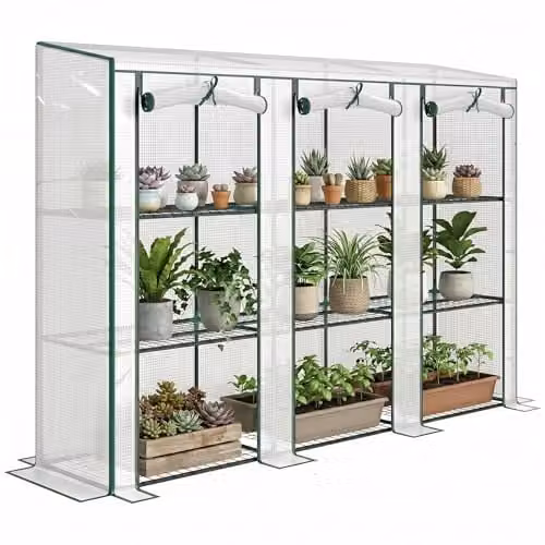 Outsunny 3 Tier Lean-to Mini Greenhouse with PE Cover, White, W/D/H: 46 x 46 x 151 cm – 1
