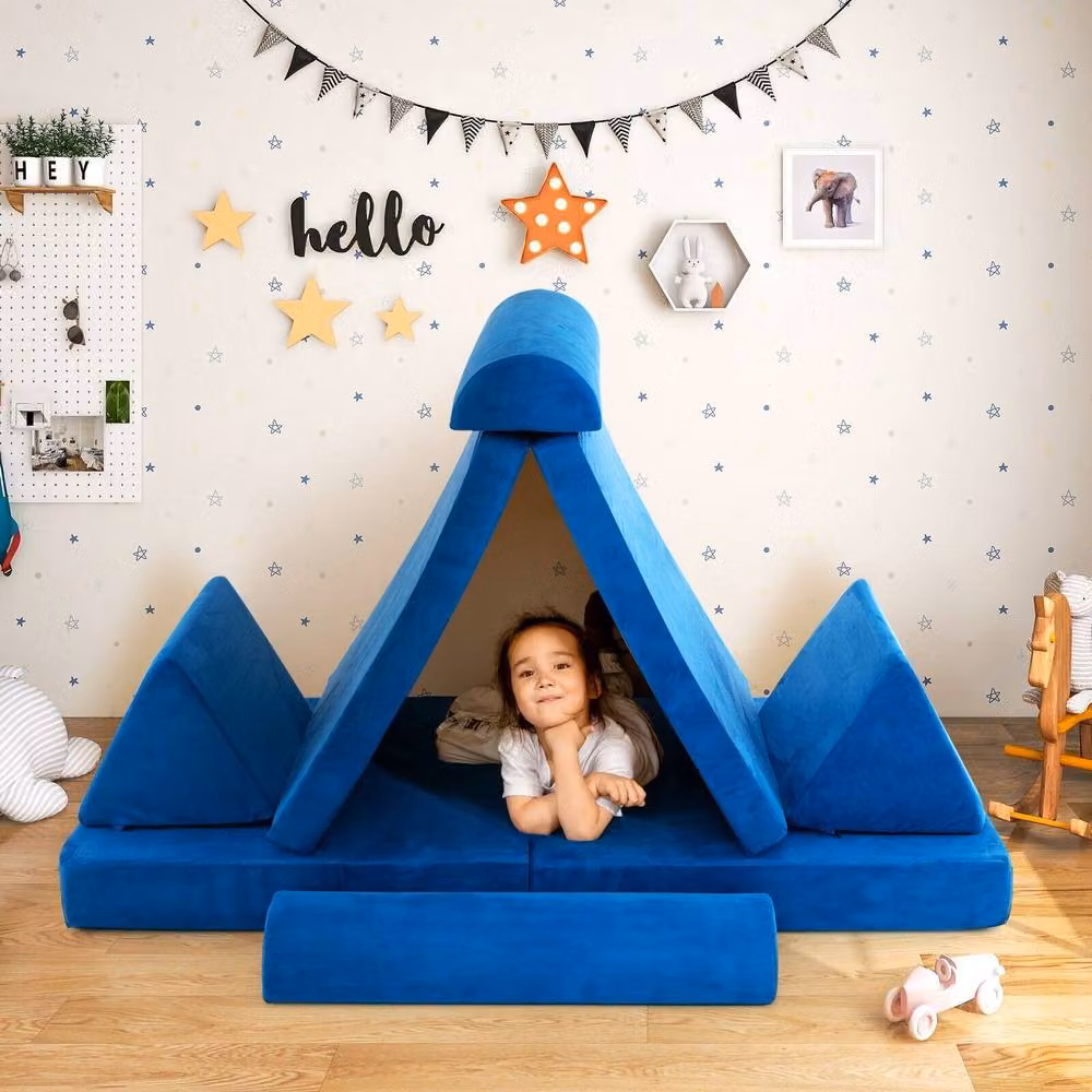 Costway 6-Piece Modular Convertible Foam Kids Play Couch Sofa Playset in Blue – 6