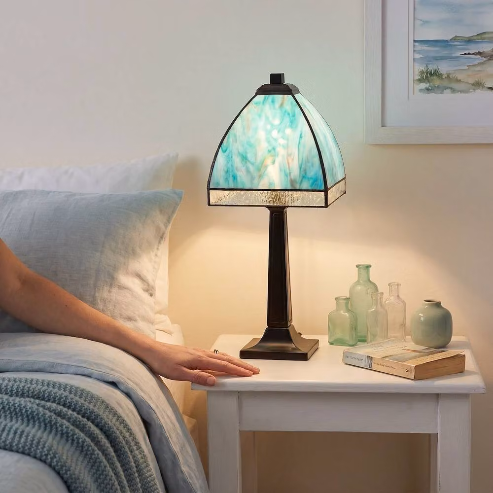 Happy Homewares Tiffany Glass Table Lamp with Black Metal Base in Green and Blue – 3