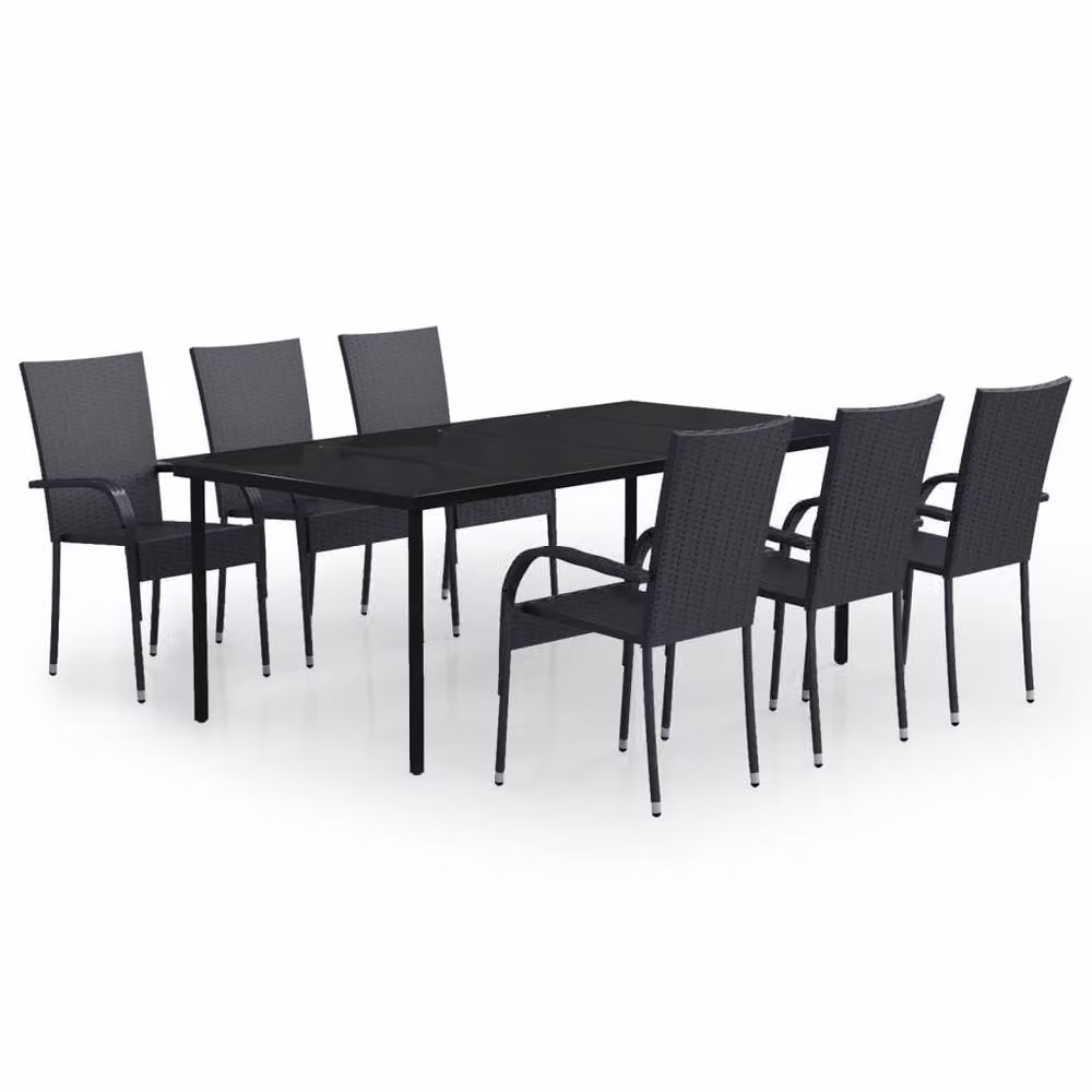 Berkfield Home 7 Piece Modern Garden Dining Set in Black Rattan and Metal with Glass Top – 3