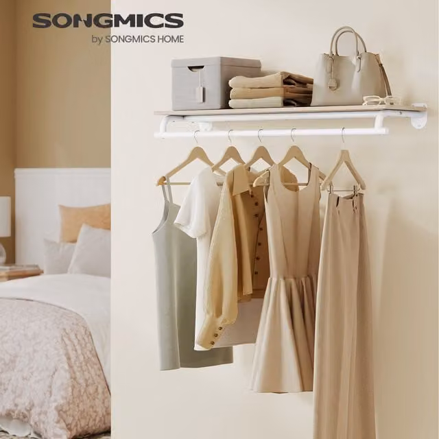 SONGMICS Wall Mounted Clothing Rack in Beige and White