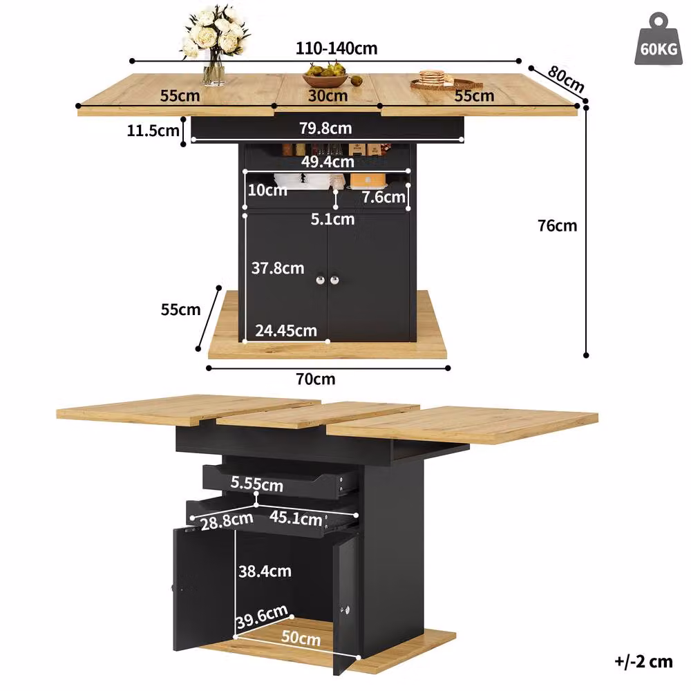 ModernLuxe Extendable Rectangular Dining Table for 6 People in Black, W/D/H: 140 x 80 x 76 cm – 3