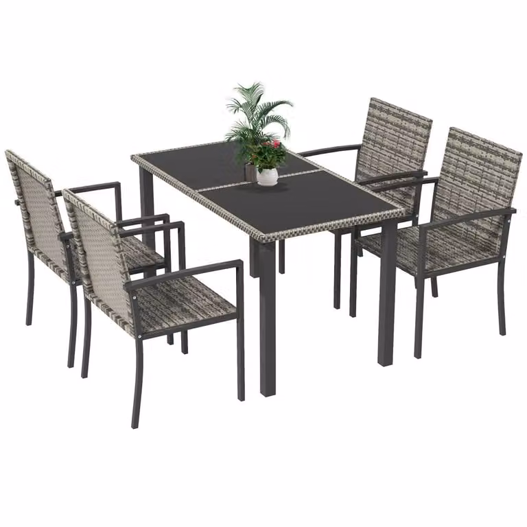Wyld Haus Saka 4 Seater Outdoor Rattan Dining Set with Tempered Glass Table in Black and Grey