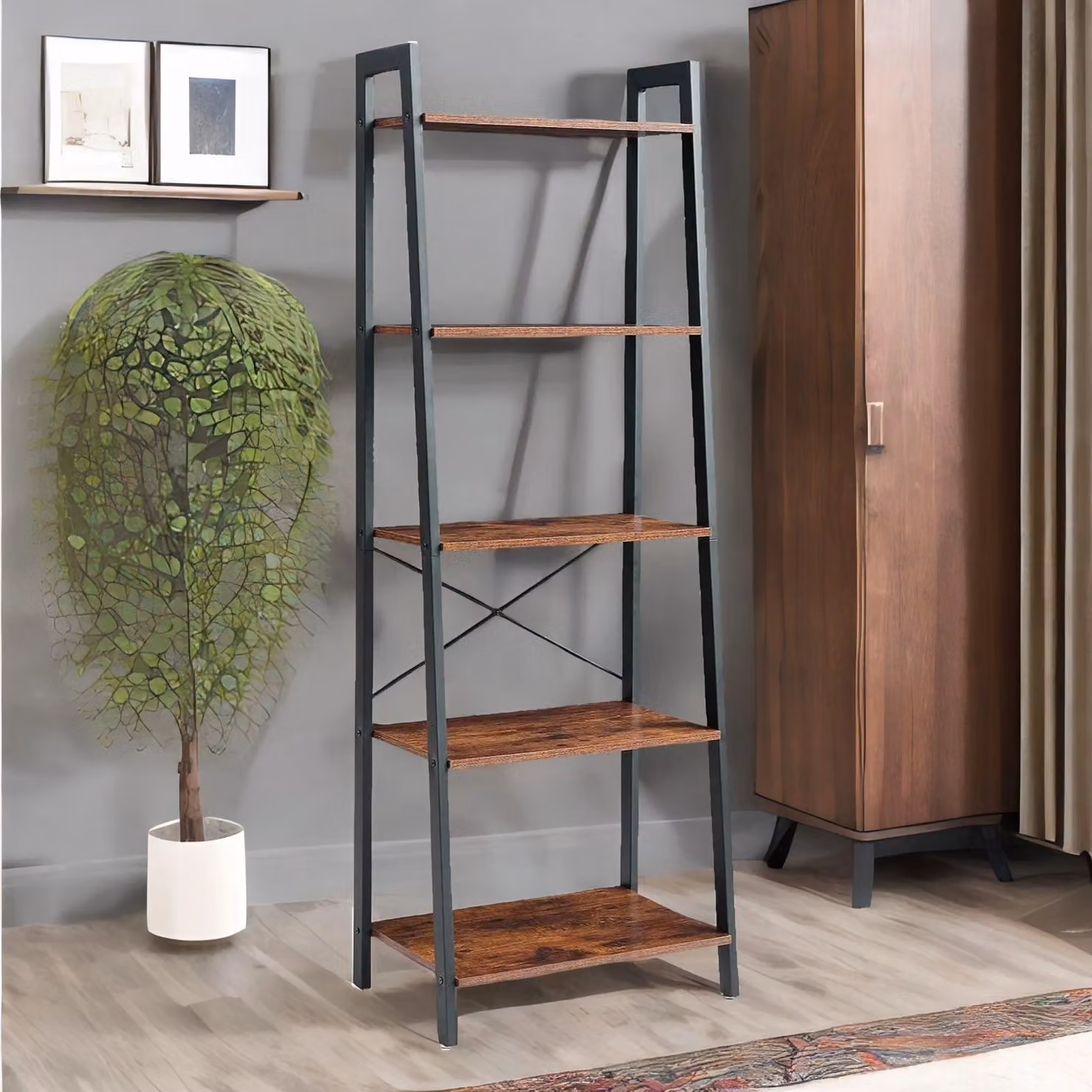 Rafaelo Mobilia 5 Tier Free Standing Ladder Shelf for Living Room Storage, Rustic Brown, H 171.0 x W 60.0 x D 39.5 cm – 2