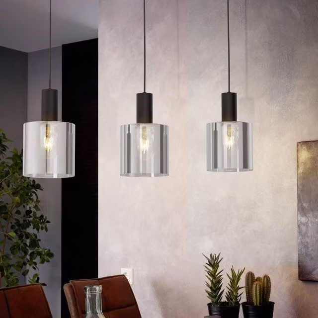 Eglo Gorosiba Pendant Light in Black Metal and Transparent Glass, Height Adjustable