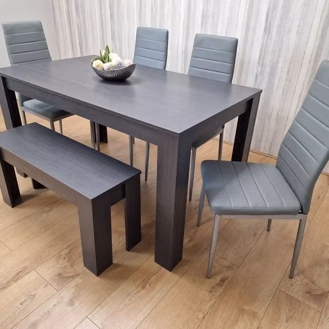 Kosy Koala Modern Rectangular Dining Table Set with 4 Leather Chairs and a Bench in Grey