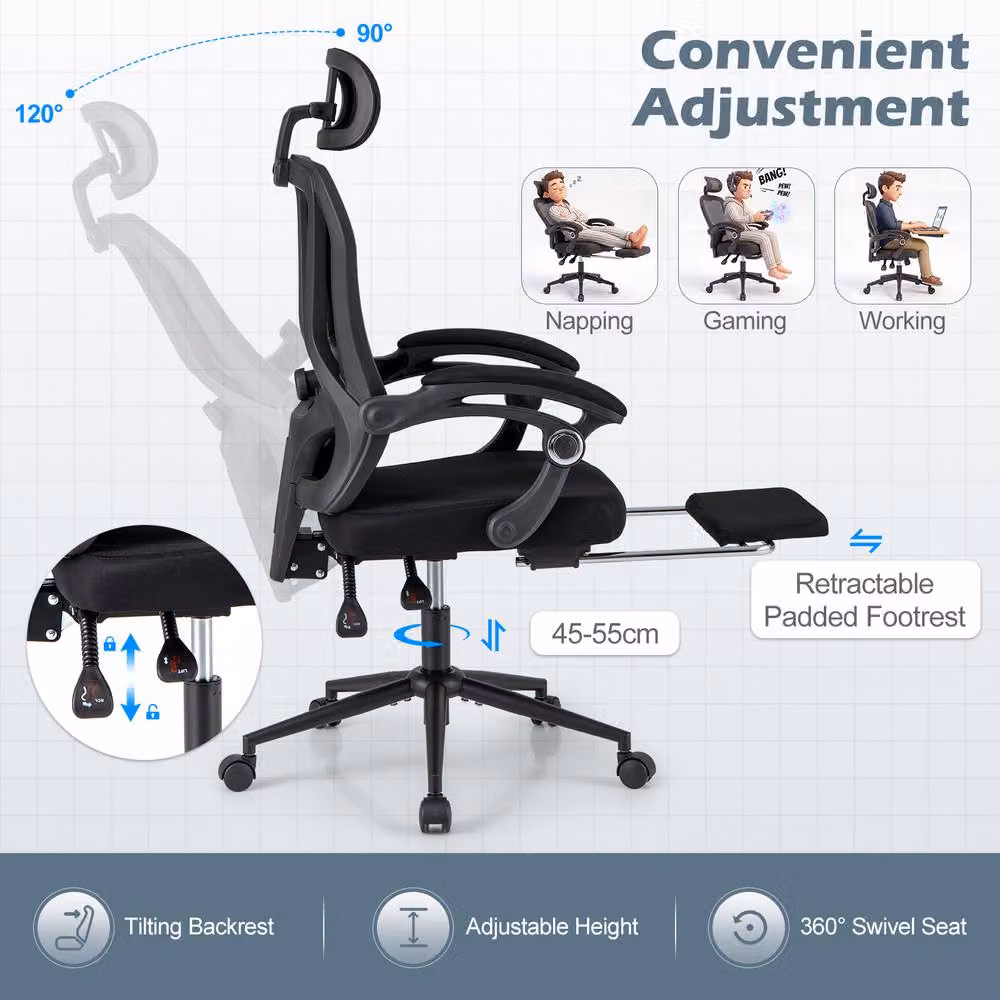 Costway Ergonomic Black Fabric Office Chair with Headrest and 360 Degree Swivel – 7