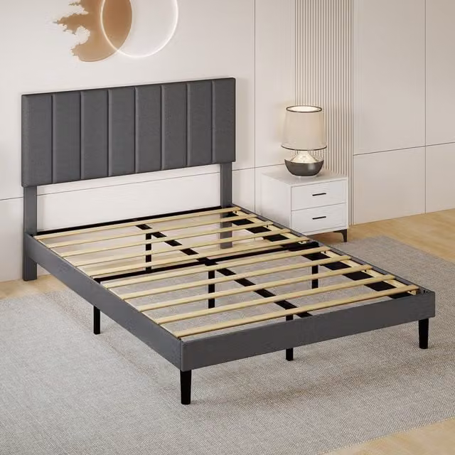 Levede Modern Upholstered Bed Frame with Headboard in Striped Linen Fabric, Black/Grey, W/D/H: 140 x 200 x 139 cm