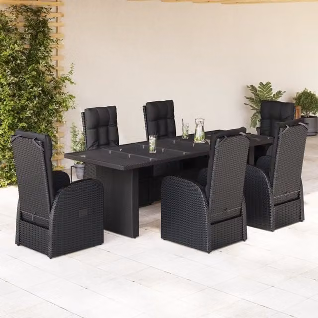 Berkfield Home 7 Piece Black Poly Rattan Garden Dining Set with Glass Table and Cushions – 1