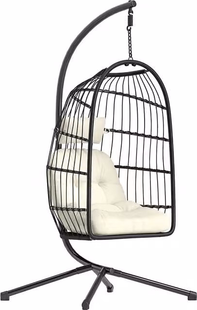 Outsunny Hanging Egg Chair with Stand and Cushions, Black and Cream White Indoor Outdoor Hammock Swing Chair