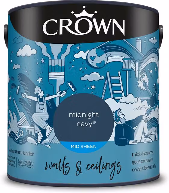 Crown Walls and Ceilings Mid Sheen Emulsion in Midnight Navy, 2.5l