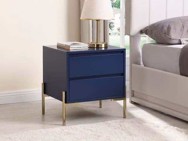Vente-unique Blue Lacquered Art Deco Bedside Table with 2 Drawers, MDF and Metal, W/D/H: 40 x 50 x 50 cm