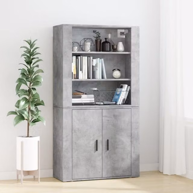 Berkfield Home Modern Wall Mounted Highboard in Concrete Grey with Hinged Doors and Internal Shelves