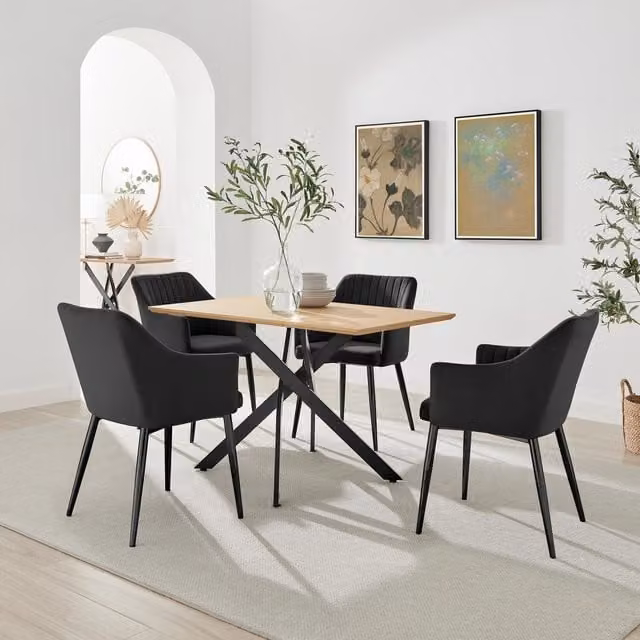 FurnitureboxUK Leonardo Oak Effect Dining Table with 4 Calla Black Velvet Chairs
