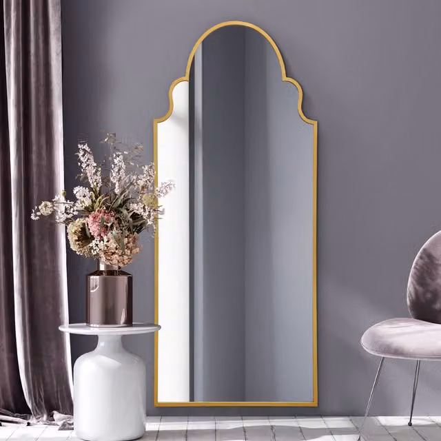 MirrorOutlet Arcus Crown Metal Framed Arch Leaner Wall Mirror in Gold, H 200 cm x W 70 cm