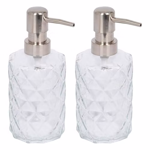 Harbour Housewares Prism Glass Soap Dispensers Pack of 2, 330ml Transparent Refillable Bottles with Pumps – 1