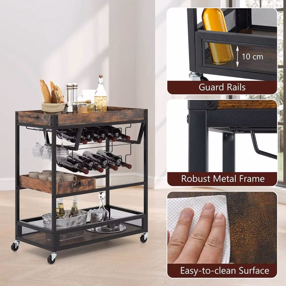 VOGREX Brown 3-Tier Industrial Kitchen Serving Trolley with Glass and Metal Construction – 4