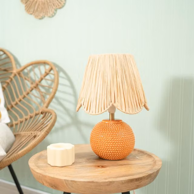 Pair of Sebby Ceramic Table Lamps with Natural Rattan Cylinder Shades in Peach and Gold/Brass
