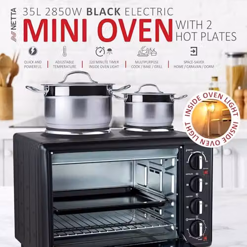 NETTA 35L Mini Oven with Double Hotplate and Electric Grill in Black and Silver, 2500W Countertop Cooker with 230°C Temperature Control and Timer – 2