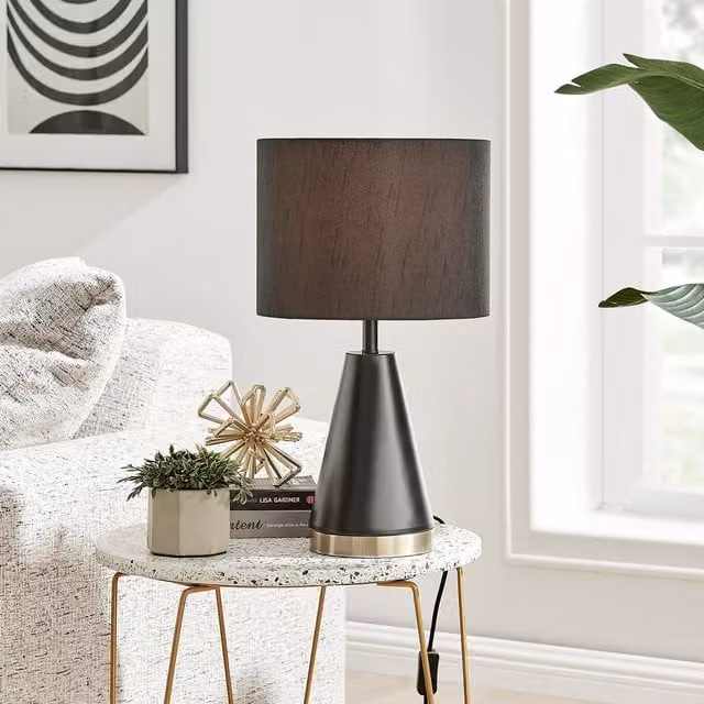 FurnitureboxUK Zoe Conical Metal Table Lamp with Fabric Shade and Bulb in Black and Gold/Brass – 1