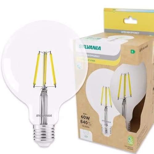 SYLVANIA Toledo Platinum RT LED Filament Extra Large Globe G120 Bulb, E27, 840 Lumens, Warm White 2700K, Transparent