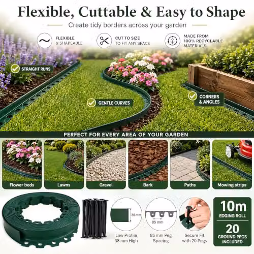 SolaDirect Flexible Plastic Garden Lawn Edging Border in Grey and Green with 20 Securing Pegs – 5