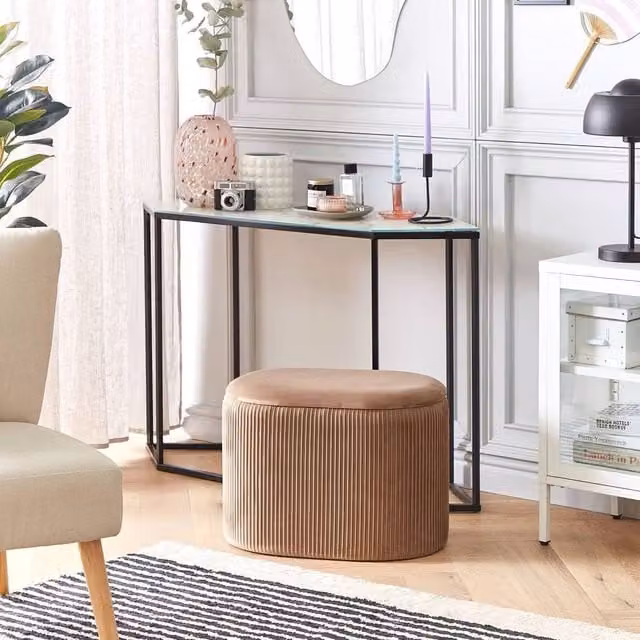 Wyld and Coco Beige Velvet Glamour Pouffe with Hidden Storage