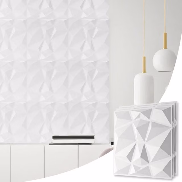 NOVECRAFTO White Geometric 3D PVC Wall Panels with Diamond Design, W/D/H: 50 x 50 x 0.25 cm