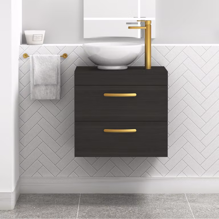 Royal Bathrooms Hale Black 2 Drawer Wall Mounted Bathroom Vanity Unit with Breeze Countertop Sink and Brushed Brass Handle, Width: 60 cm