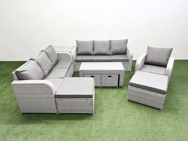 Fimous PE Rattan 3 Seater Outdoor Sofa Set with Reclining Armchair, Ottoman and Coffee Table in Light Grey