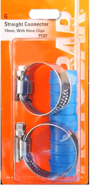 Autobar Straight Connector with Hose Clips, Blue, 19mm