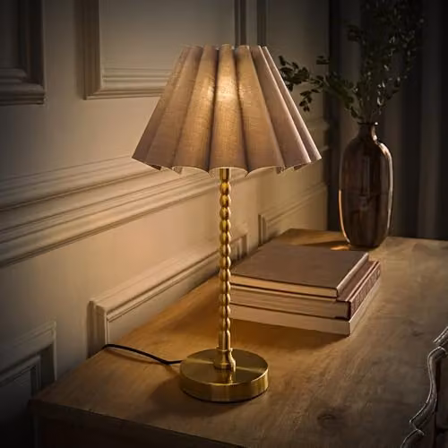 ValueLights Maeve Grey Scallop Pleated Tapered Shade Brushed Gold Bobbin Bobble Table Lamp – 2