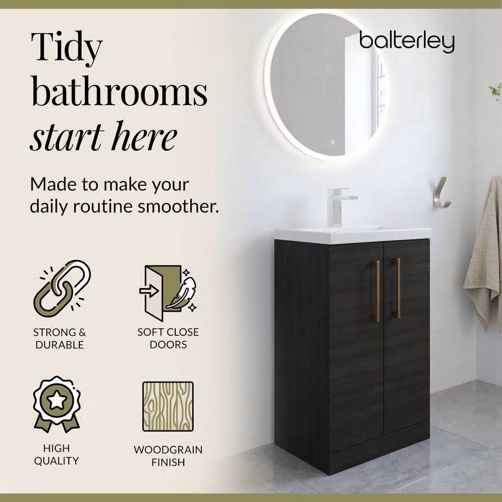 Balterley Black Wood Freestanding Bathroom Vanity Basin Unit with Soft Close Doors and LED Lighting, W: 50 cm, H: 84 cm, D: 50 cm – 3