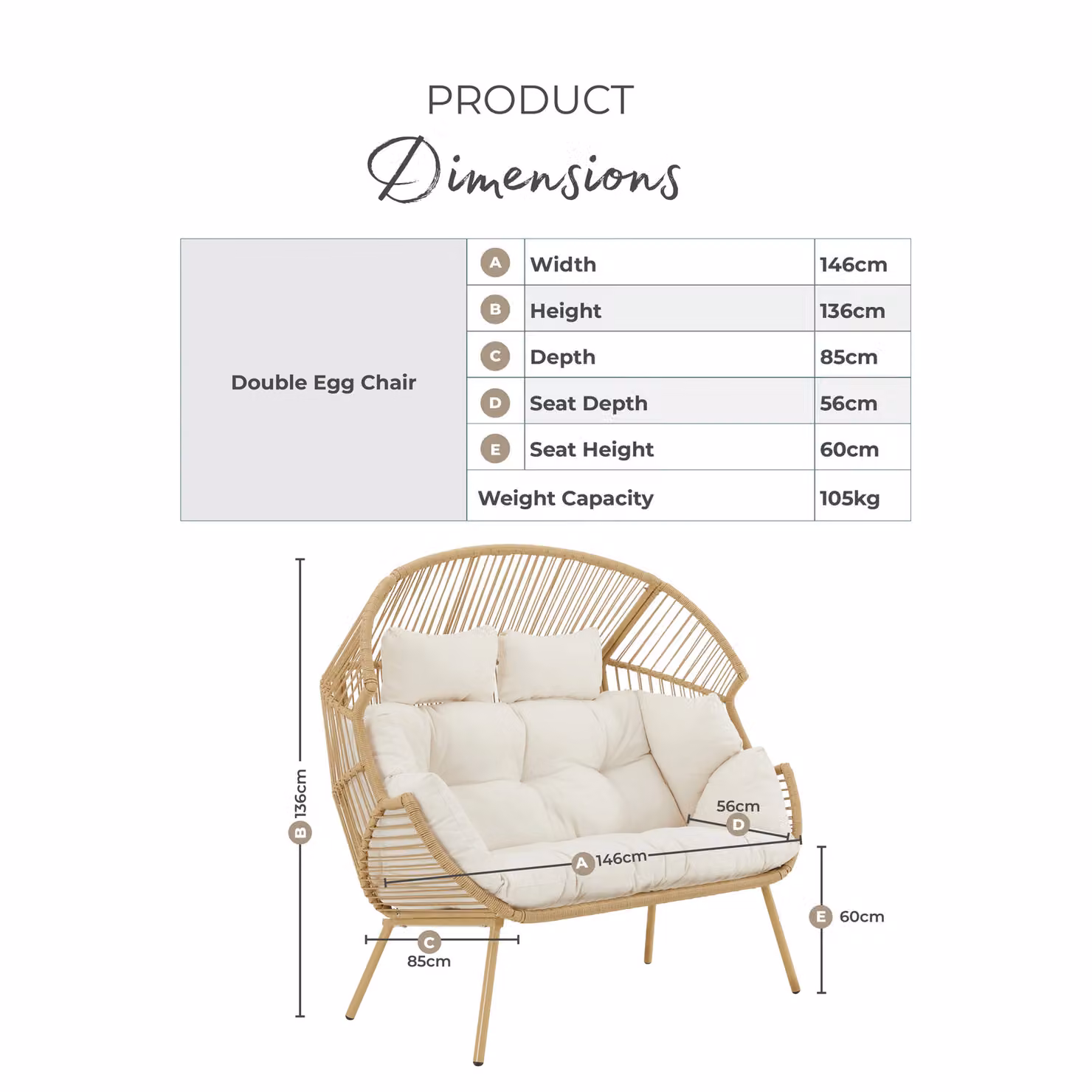 FurnitureboxUK Egg Outdoor Garden Double Chair in Light Brown with Beige Cushions – 4