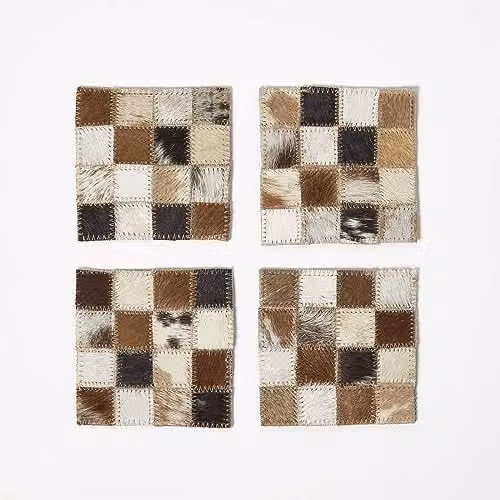 Homescapes Set of 4 Brown and Beige Checked Leather Coasters, W/D: 10 x 10 cm