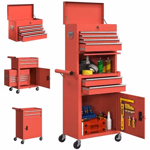 HOMCOM Lockable 3-in-1 Rolling Tool Chest with 6 Drawers in Red – 1
