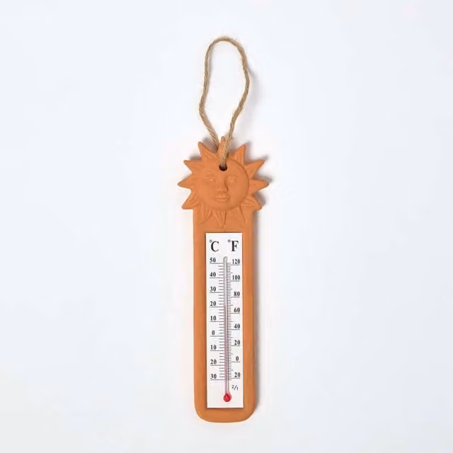Homescapes Rustic Orange Ceramic Sun Design Outdoor Wall Thermometer