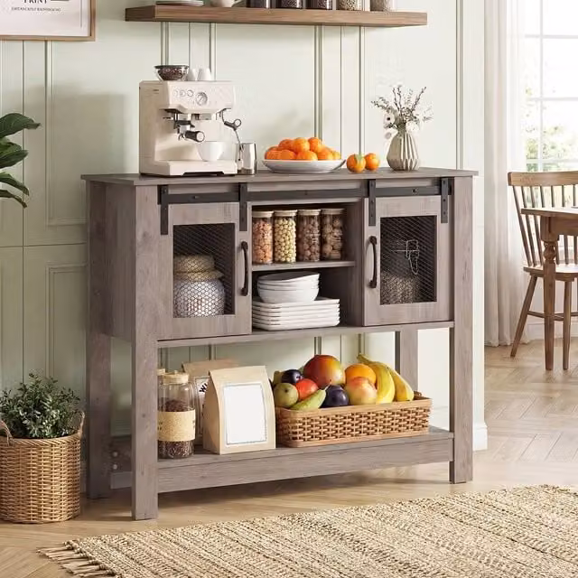 Costway Grey Entryway Console Table with Barn Sliding Doors and Adjustable Shelf – 1
