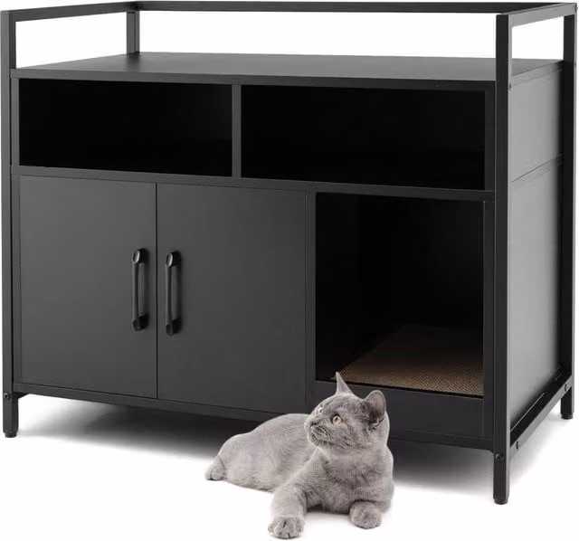 Costway Large Wooden Cat Litter Box Enclosure and Hidden Cabinet in Black and Gold – 1