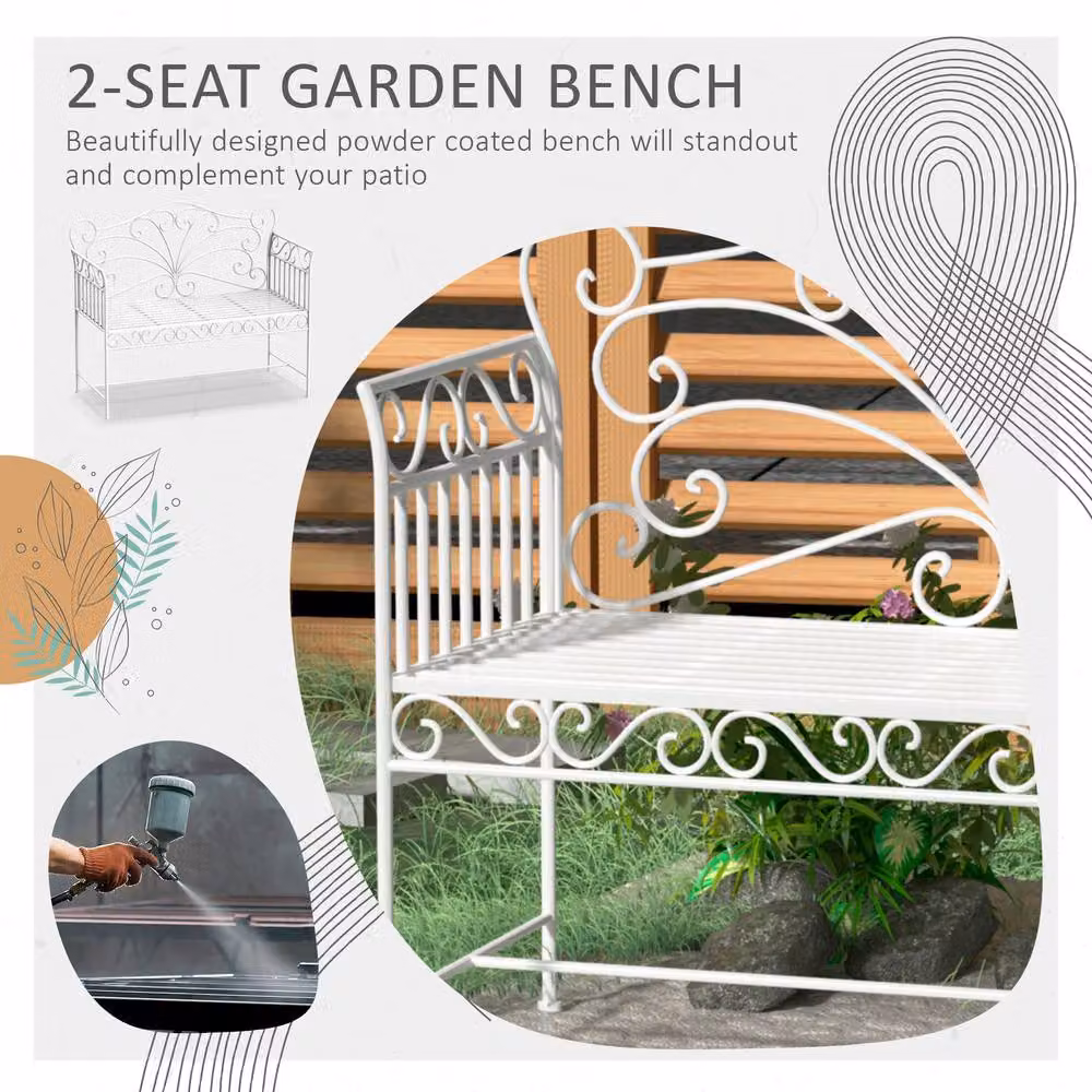 Outsunny White Metal 2 Seater Garden Bench with Floral Design – 4